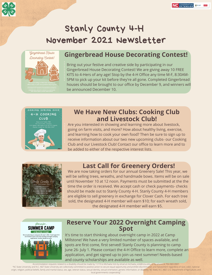 Stanly County 4-H November 2021 newsletter with contest and club, greenery, camp notices