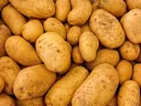 Pile of unwashed yellow potatoes with soil spots