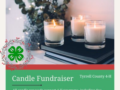 Three lit candles on stacked books; text: "Candle Fundraiser" and "Tyrrell County 4-H"