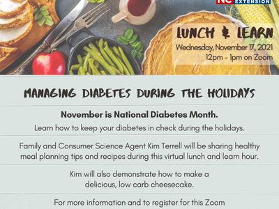 Flyer: Managing Diabetes During the Holidays — Lunch & Learn Wed Nov 17, 2021 12–1pm on Zoom