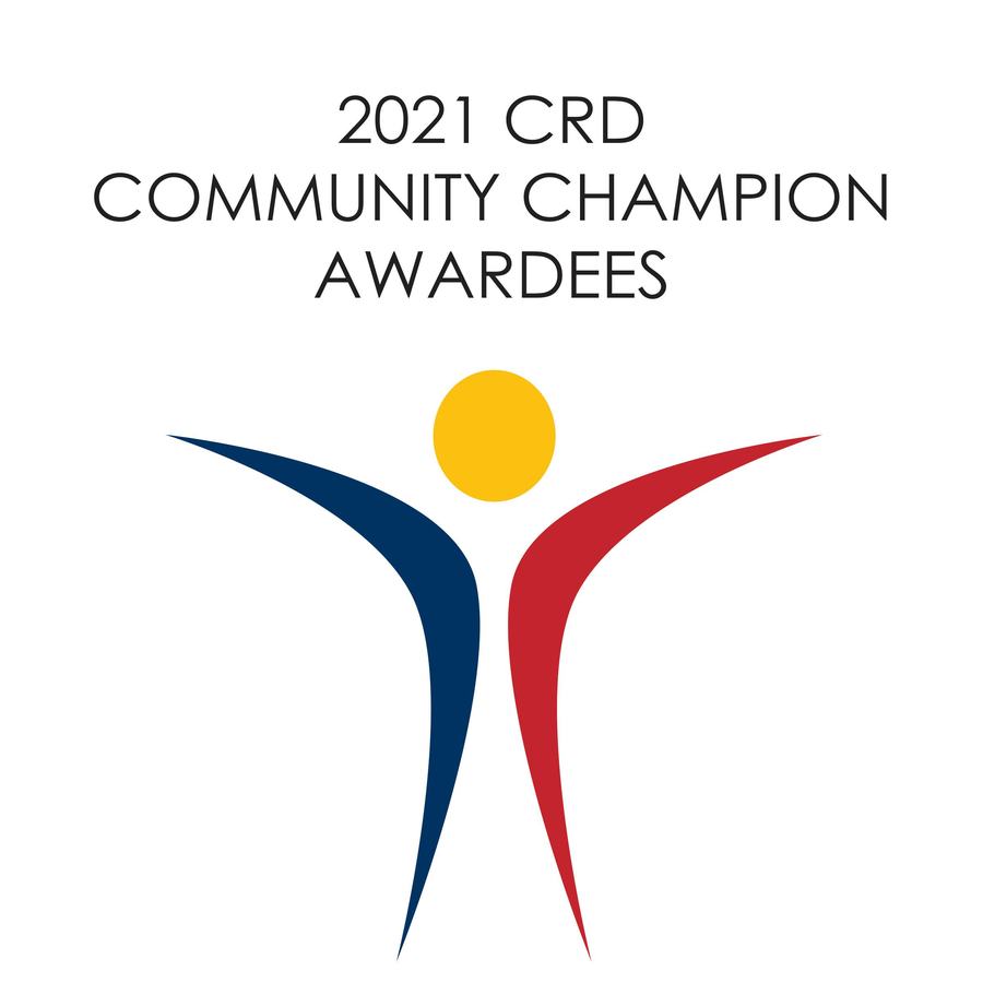 "2021 CRD COMMUNITY CHAMPION AWARDEES" above a stylized figure with a yellow circle head and blue and red shapes
