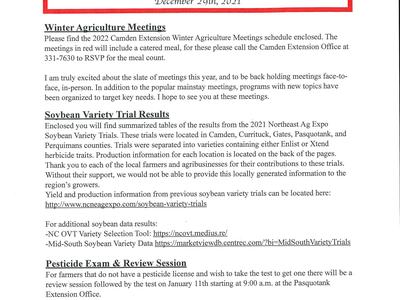 Newsletter titled "CAMDEN CROP NEWS" dated December 29th, 2021 with agriculture headings.