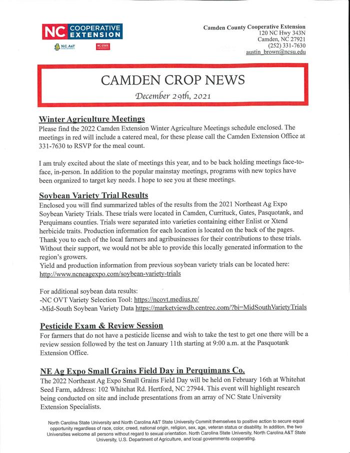 Newsletter titled "CAMDEN CROP NEWS" dated December 29th, 2021 with agriculture headings.