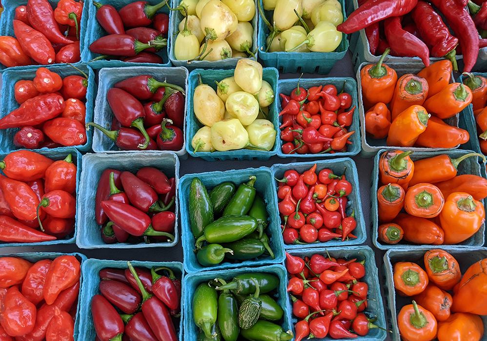 Assorted colorful chili peppers in blue cartons arranged on a market table