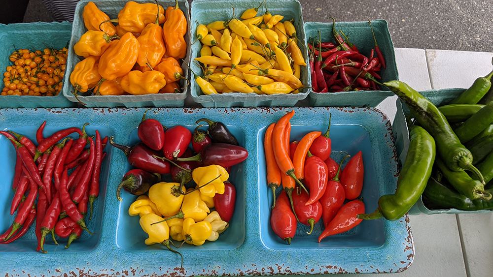 Colorful chili peppers arranged in cardboard trays at a market stall