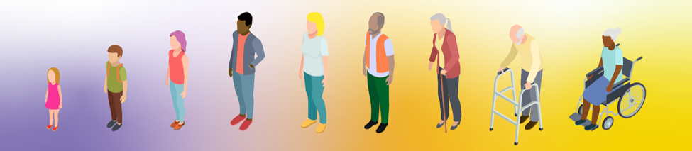 People of varying ages, races and abilities along a gradient from younger to older.