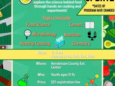 4-H Fun with Foods flyer: Feb 7,14,21,28 4–5PM; Henderson County Extension Center; ages 11–14; $25