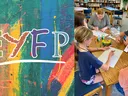 EYFP logo left; family and children drawing at a library table with markers and paper