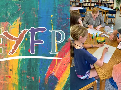 EYFP logo left; family and children drawing at a library table with markers and paper