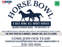 Horse Bowl poster, two horse silhouettes, text "A quiz bowl all about horses", contact 252-521-6114