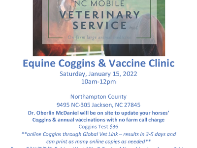 Equine Coggins & Vaccine Clinic — Jan 15, 2022 10am–12pm; Northampton County, 9495 NC-305 Jackson, NC