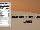 Nutrition facts label showing 230 calories per serving and "NEW NUTRITION FACTS LABEL" text