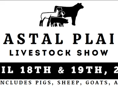 Coastal Plains Livestock Show — April 18th & 19th, 2022. Livestock: pigs, sheep, goats, heifers.