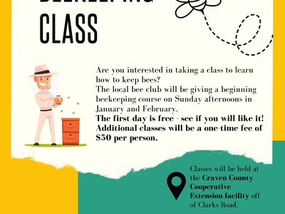 Beginner Beekeeping Class flyer — Sundays 1–5pm 1/9–2/6/2022; contact bbjorkster@gmail.com