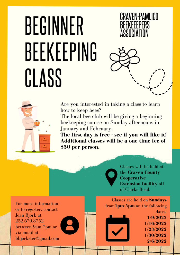Beginner Beekeeping Class flyer — Sundays 1–5pm 1/9–2/6/2022; contact bbjorkster@gmail.com