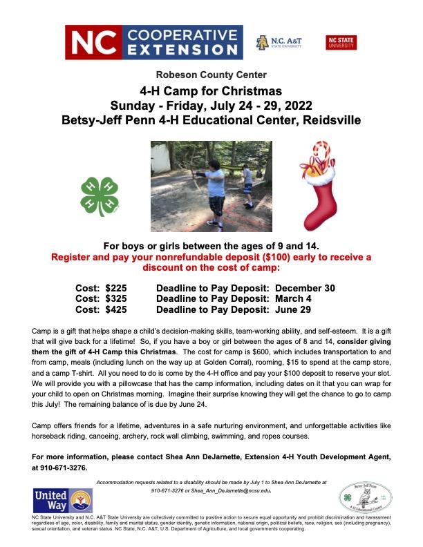 NC Cooperative Extension flyer: 4-H Camp for Christmas, July 24–29, 2022, Betsy-Jeff Penn