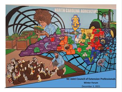 Mural map of North Carolina agriculture showing people, tractor, crops, animals and text NORTH CAROLINA AGRICULTURE