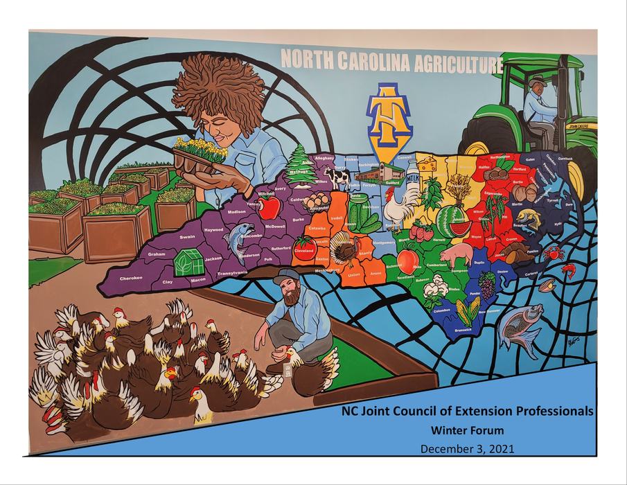 Mural map of North Carolina agriculture showing people, tractor, crops, animals and text NORTH CAROLINA AGRICULTURE