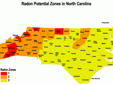 North Carolina counties shaded by radon potential zones 1–3, legend shows yellow to red