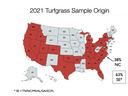 Map of USA showing 2021 turfgrass sample origins; 38% NC, 63% SE (TN/NC/MS/AL/GA/SC/FL)