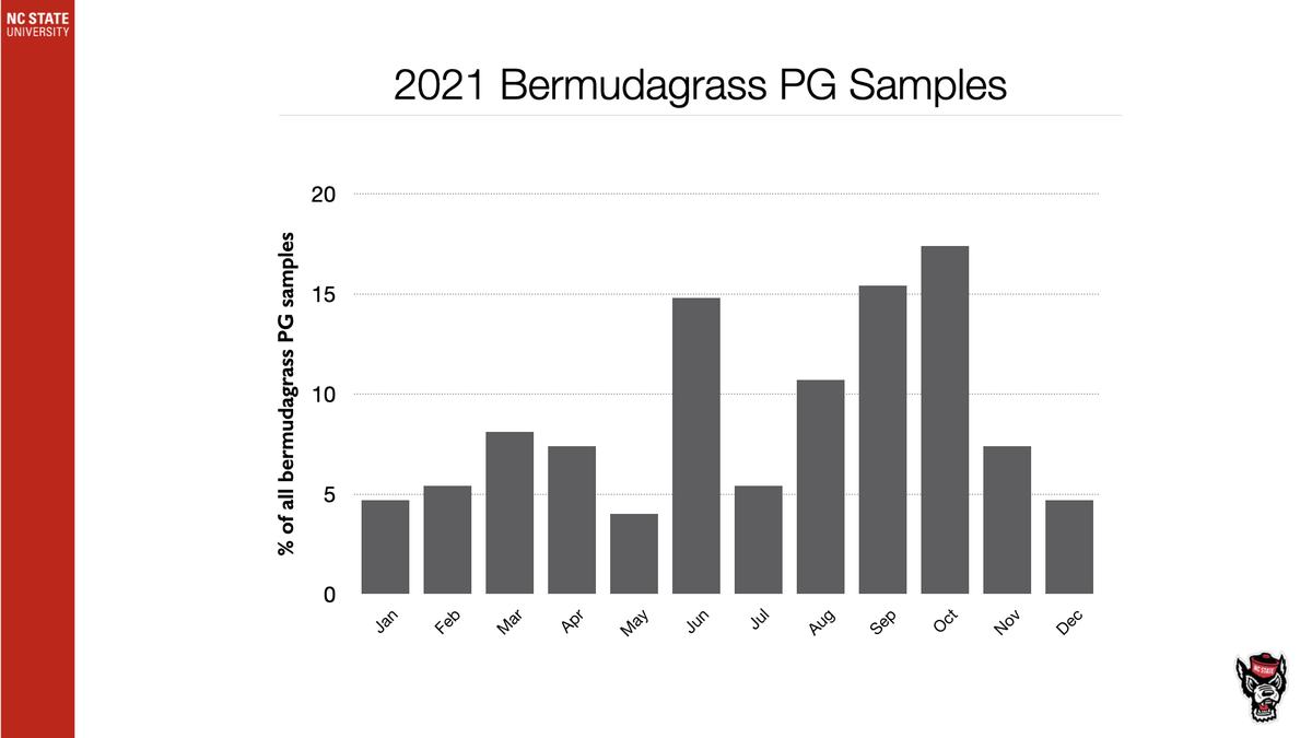 Bar chart titled "2021 Bermudagrass PG Samples" showing monthly percent of samples Jan–Dec