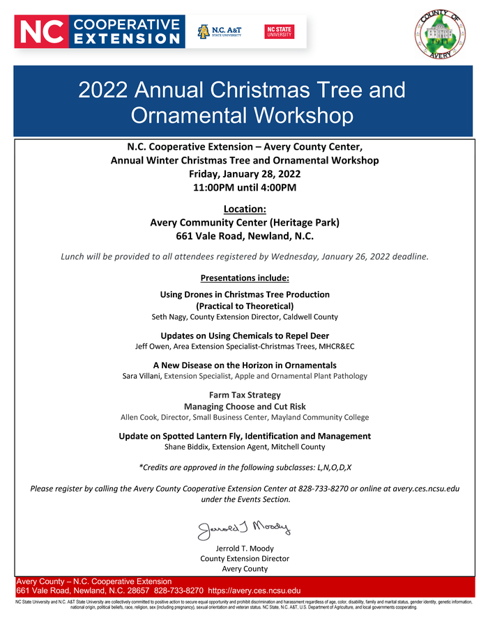 2022 Annual Christmas Tree and Ornamental Workshop flyer — Jan 28, 2022, Avery Community Center
