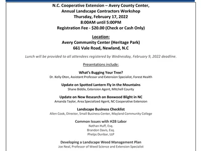 2022 Annual Landscape Contractors Workshop flyer — Feb 17, 2022; Avery Community Center, Newland, NC