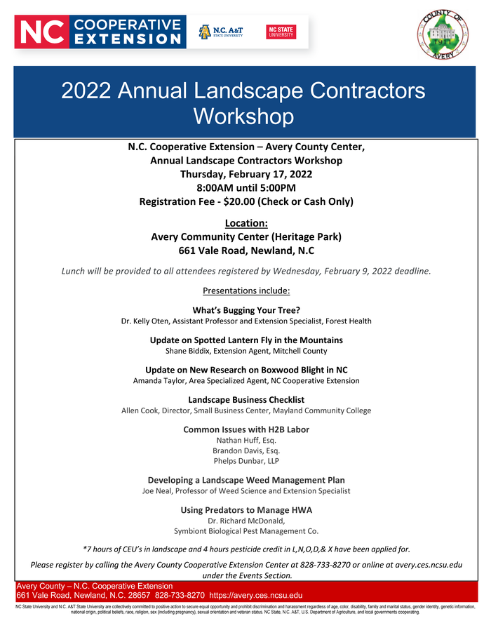 2022 Annual Landscape Contractors Workshop flyer — Feb 17, 2022; Avery Community Center, Newland, NC