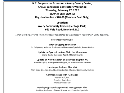 2022 Annual Landscape Contractors Workshop flyer — Feb 17, 2022; Avery Community Center, Newland, NC