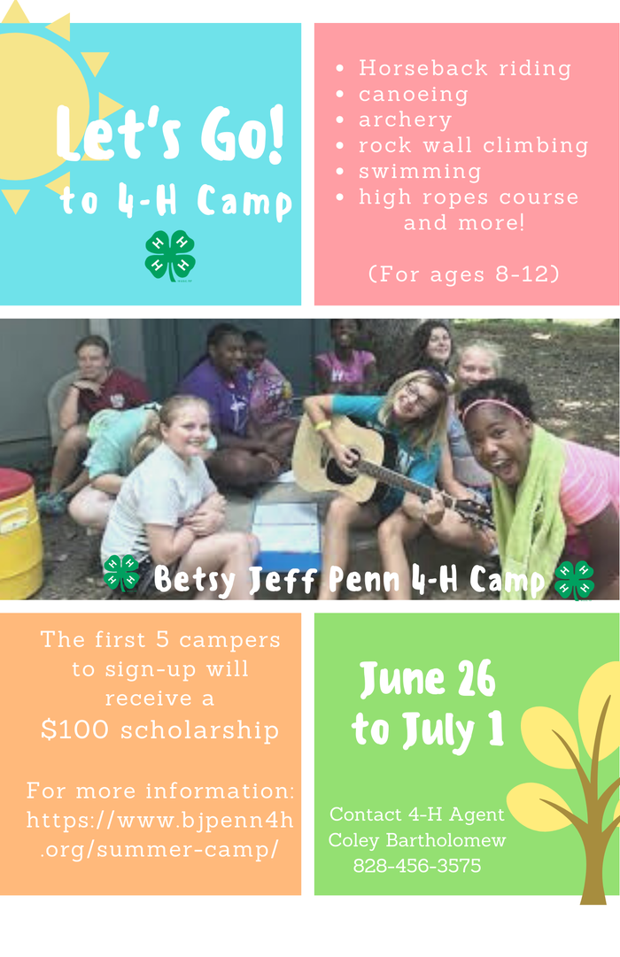 4-H camp flyer showing kids with a guitar; text: "Let's Go! to 4-H Camp" June 26–July 1