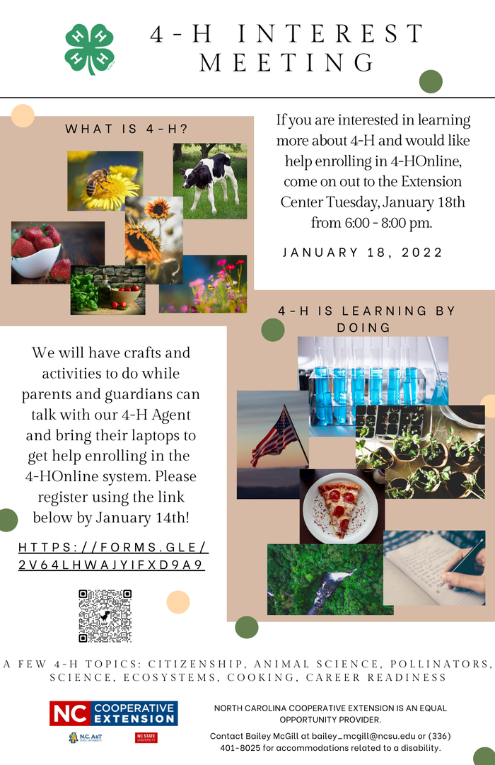 4-H interest meeting Tuesday, January 18th from 6:00 - 8:00 pm