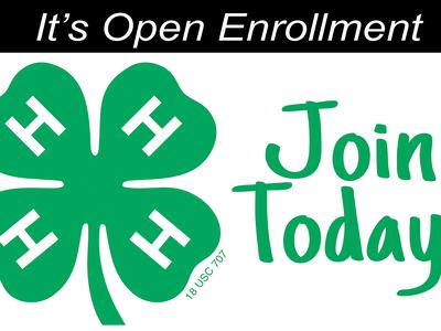 4-H four-leaf clover with "It's Open Enrollment" banner and "Join Today!" text