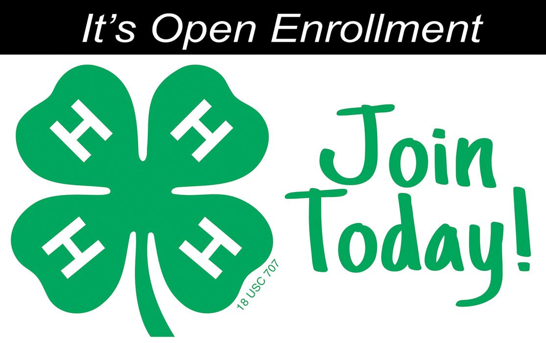 4-H four-leaf clover with "It's Open Enrollment" banner and "Join Today!" text