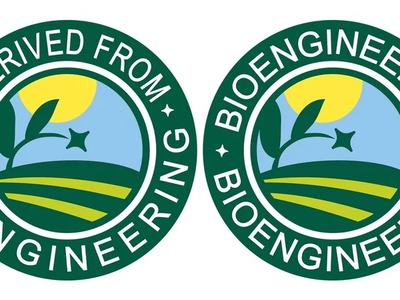 Two green circular badges with sun and field; left: "Derived From Bioengineering", right: "Bioengineered"