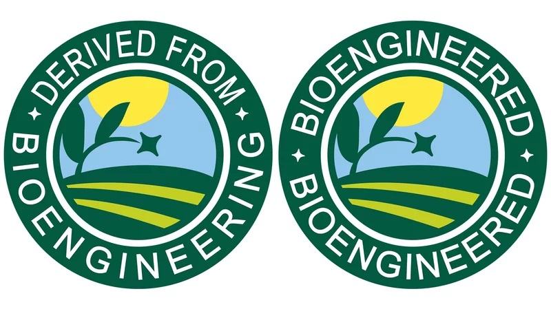 Label with art of row crop that says "Derived from Bioengineering" on left and on right, same label art, but wording just reads: "Bioengineered"