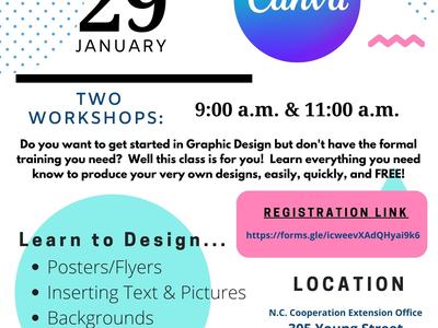 Graphic Design Canva workshop Jan 29; two sessions 9:00 a.m. & 11:00 a.m.; 305 Young St, Henderson NC
