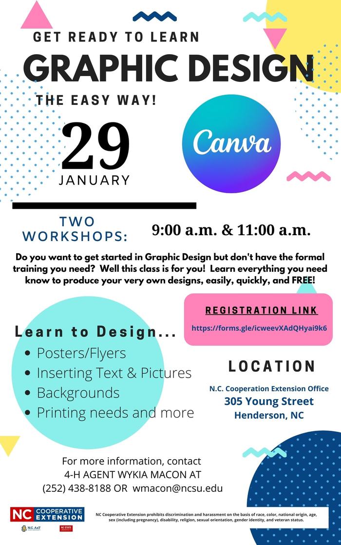 Graphic Design Canva workshop Jan 29; two sessions 9:00 a.m. & 11:00 a.m.; 305 Young St, Henderson NC