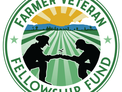 Silhouetted farmers handing a seedling over crop rows with sun; text: FARMER VETERAN FELLOWSHIP FUND