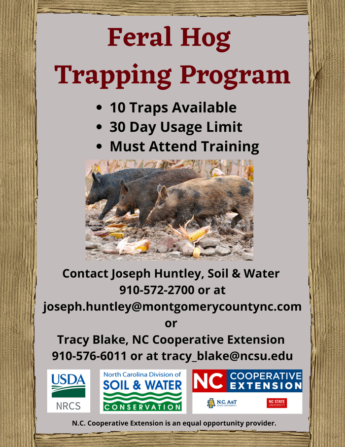 Feral Hog Trapping Program flyer — 10 traps; 30-day usage limit; must attend training.