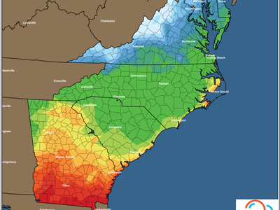 East Coast minimum temperature forecast map, Friday 01/21/2022 with color legend (deg F)