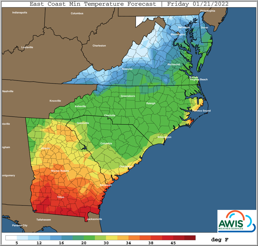 East Coast minimum temperature forecast map, Friday 01/21/2022 with color legend (deg F)