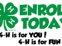 Green 4-H clover and text "ENROLL TODAY" with lines "4-H is for YOU!" and "4-H is for FUN!"