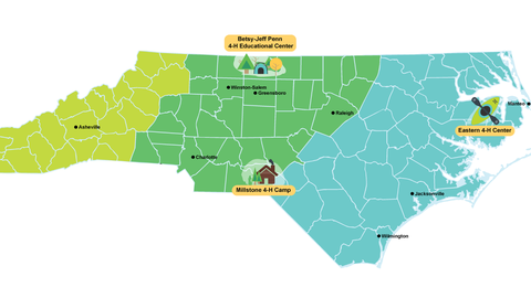 NC map showing Betsy-Jeff Penn, Millstone, and Eastern 4‑H centers and major cities