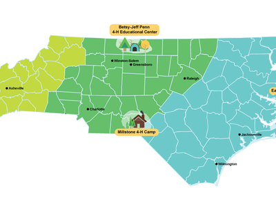 NC map showing Betsy-Jeff Penn, Millstone, and Eastern 4‑H centers and major cities