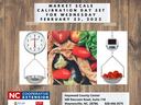 Market scale calibration day poster: hanging scales and produce; Feb 23, 2022; NC Cooperative Extension contact