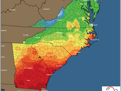 East Coast minimum temperature forecast map, Monday 01/10/2022, color scale labeled deg F
