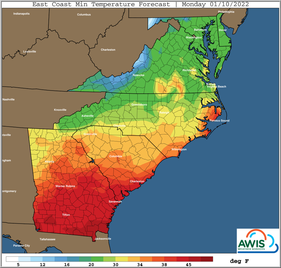 East Coast minimum temperature forecast map, Monday 01/10/2022, color scale labeled deg F