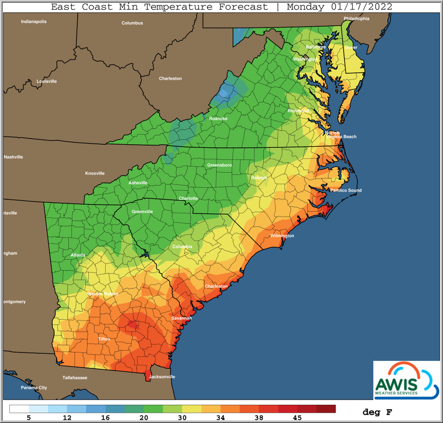East Coast minimum temperature forecast map for Monday 01/17/2022 showing colored temps in deg F