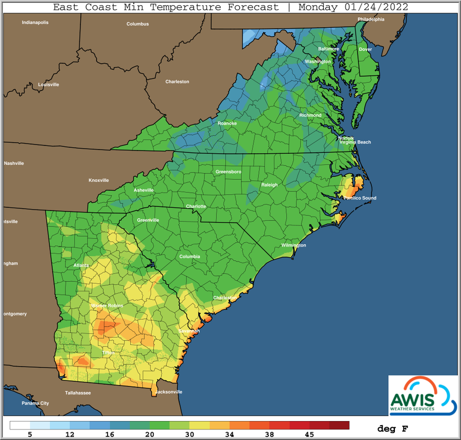 East Coast min temperature forecast map, Monday 01/24/2022, colored legend in °F