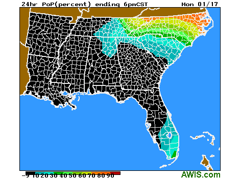 24hr PoP(percent) ending 6pmCST Mon 01/17 — precipitation probabilities across the southeastern US